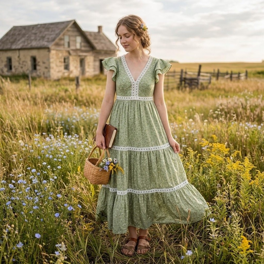 Prairie Cottagecore Sage Green Floral Lace Tiered Maxi Dress Flutter S/S Size S